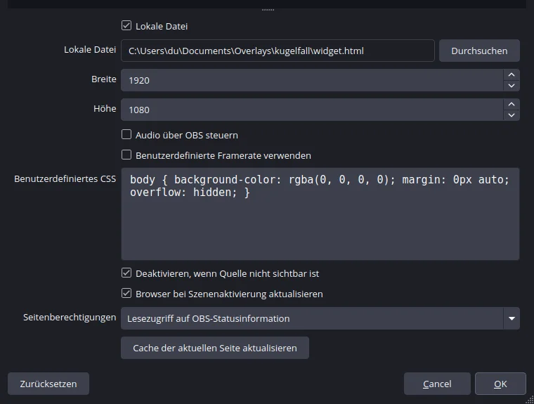 Die Eigenschaften einer Browser-Quelle in OBS: Haken bei Lokale Datei, die ausgewählte widget.html, Breite 1920 und Höhe 1080