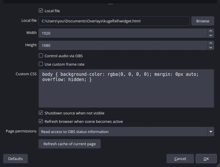 A browser source's properties in OBS: Local file ticked, the selected widget.html, width 1920 and height 1080