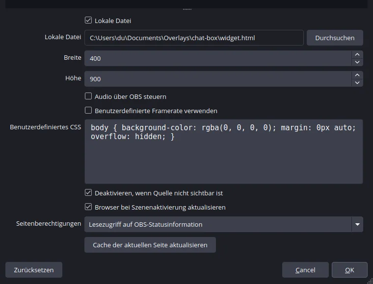 Die Eigenschaften einer Browser-Quelle in OBS, der Haken bei Lokale Datei ist gesetzt
