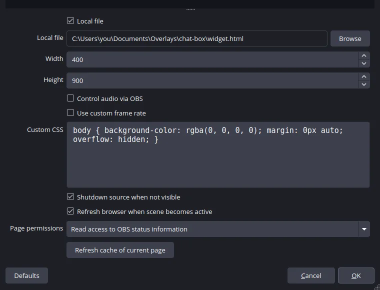 A browser source's properties in OBS with Local file ticked
