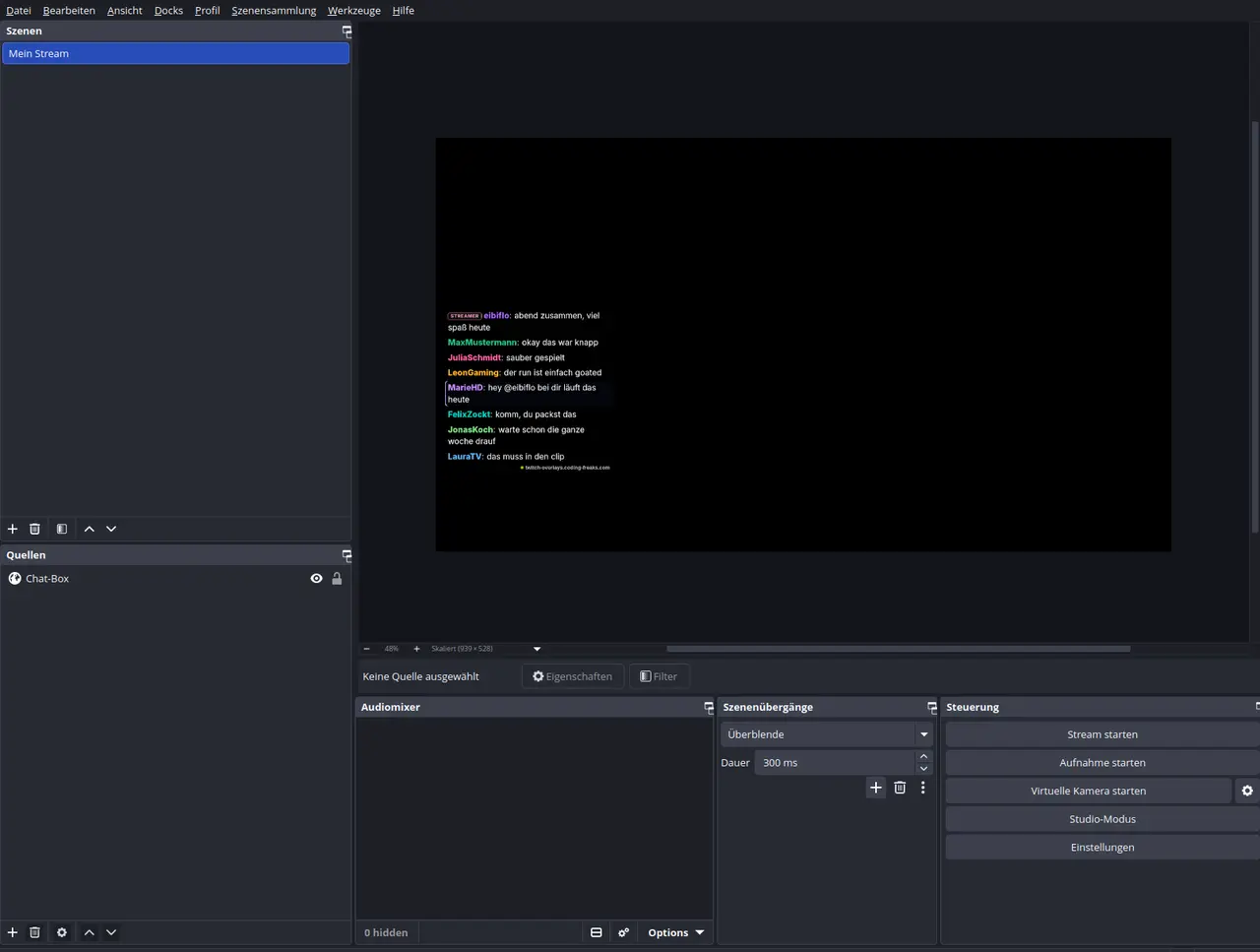 Das Chat-Box-Overlay läuft als Browser-Quelle in OBS, die Nachrichten erscheinen im Vorschaubild