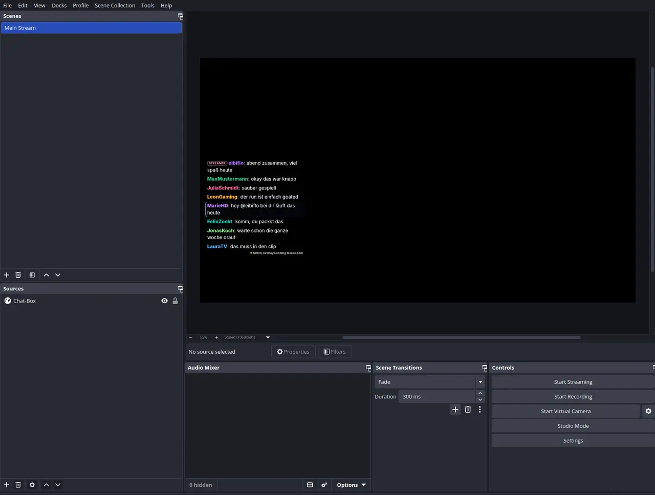 The Chat Box overlay running as a browser source in OBS, messages arriving in the preview