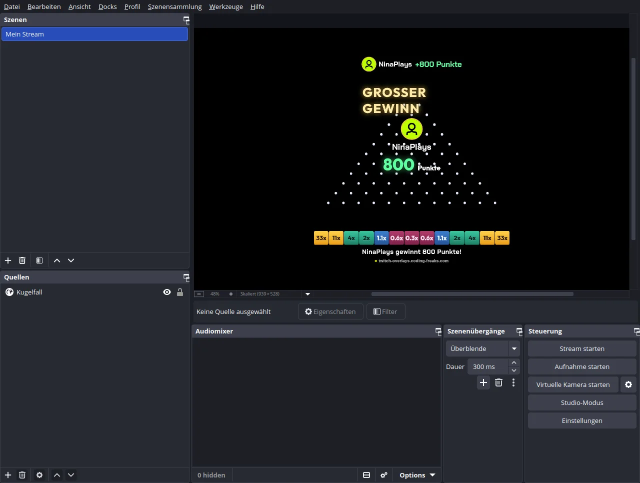 Das Kugelfall-Overlay läuft als Browser-Quelle in OBS, im Vorschaubild steht das Board mit dem Gewinn einer Zuschauerin