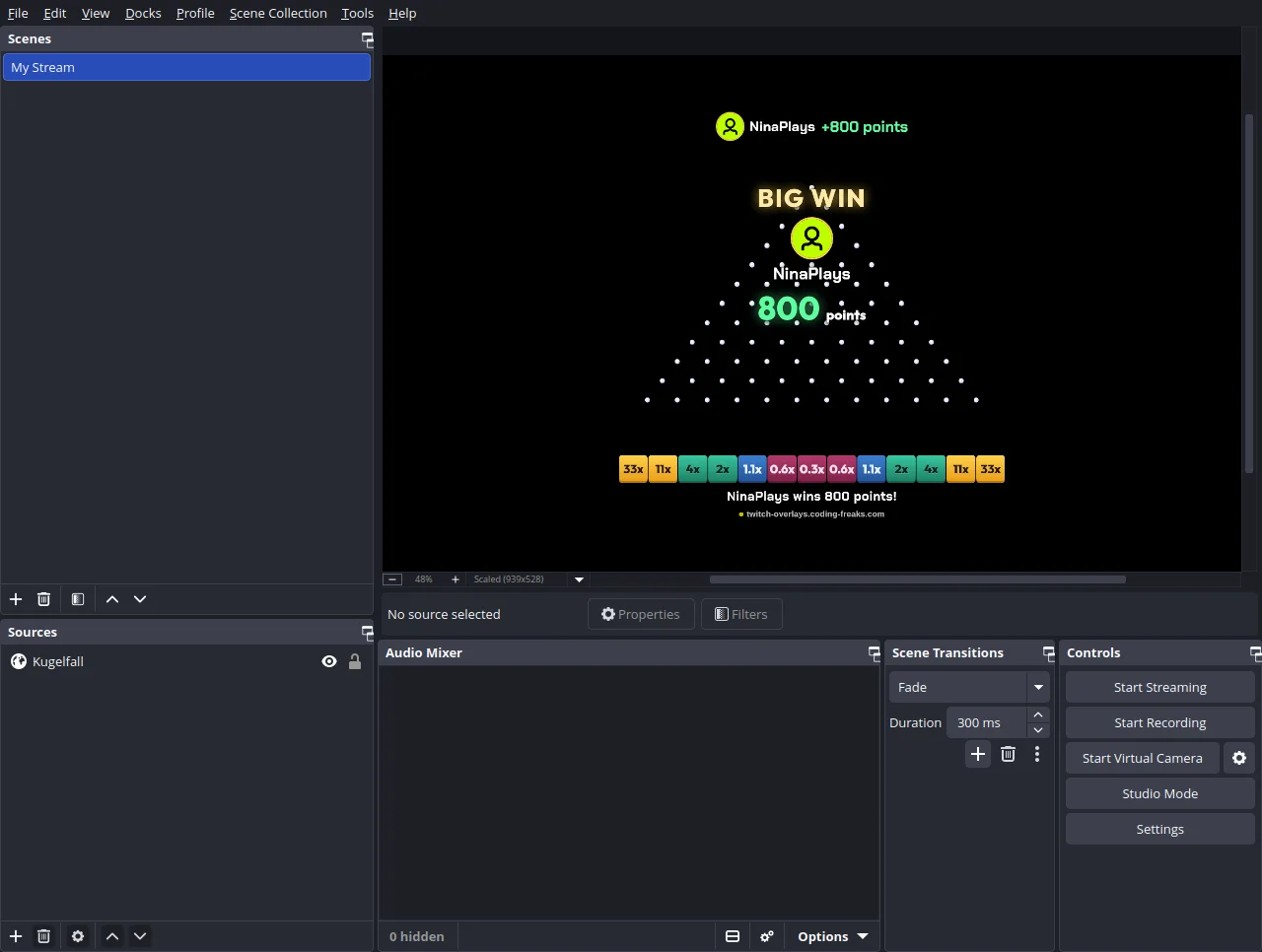 The Ball Drop overlay running as a browser source in OBS, the preview showing the board with a viewer's win
