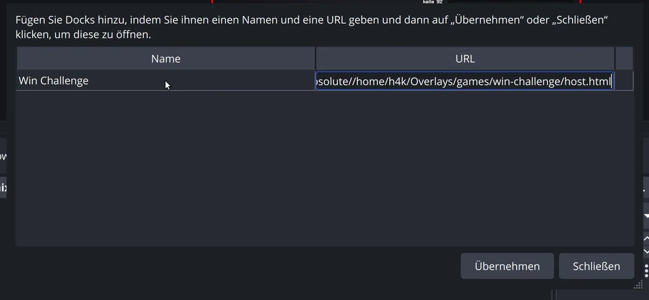 Der OBS-Dialog Benutzerdefinierte Browser-Docks mit dem Namen Win Challenge und der eingefügten Adresse der host.html
