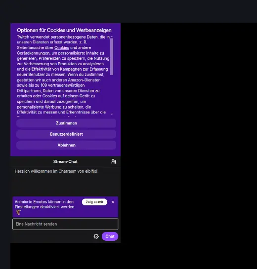 Der Twitch-Popout-Chat als Browser-Quelle in OBS, mit Cookie-Abfrage und undurchsichtigem Hintergrund