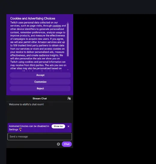 The Twitch popout chat as a browser source in OBS, with cookie prompt and opaque background