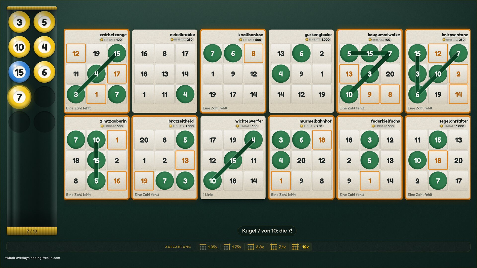 Bingo Twitch overlay: twelve cards mid-draw, ball 7 of 10 called, two completed lines struck through, several cards one number away.