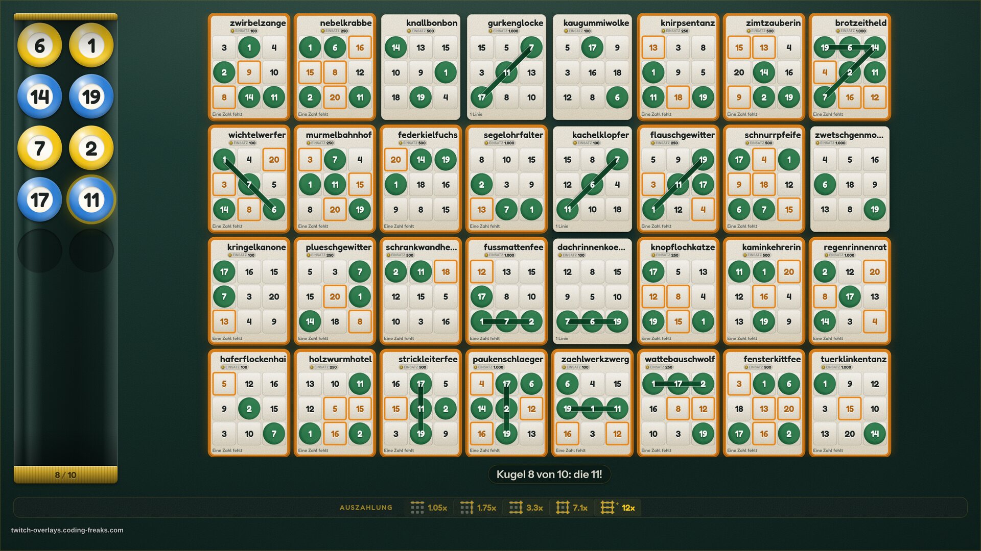 Bingo Twitch overlay: a full board of 32 cards in eight columns, ball 8 of 10 called.