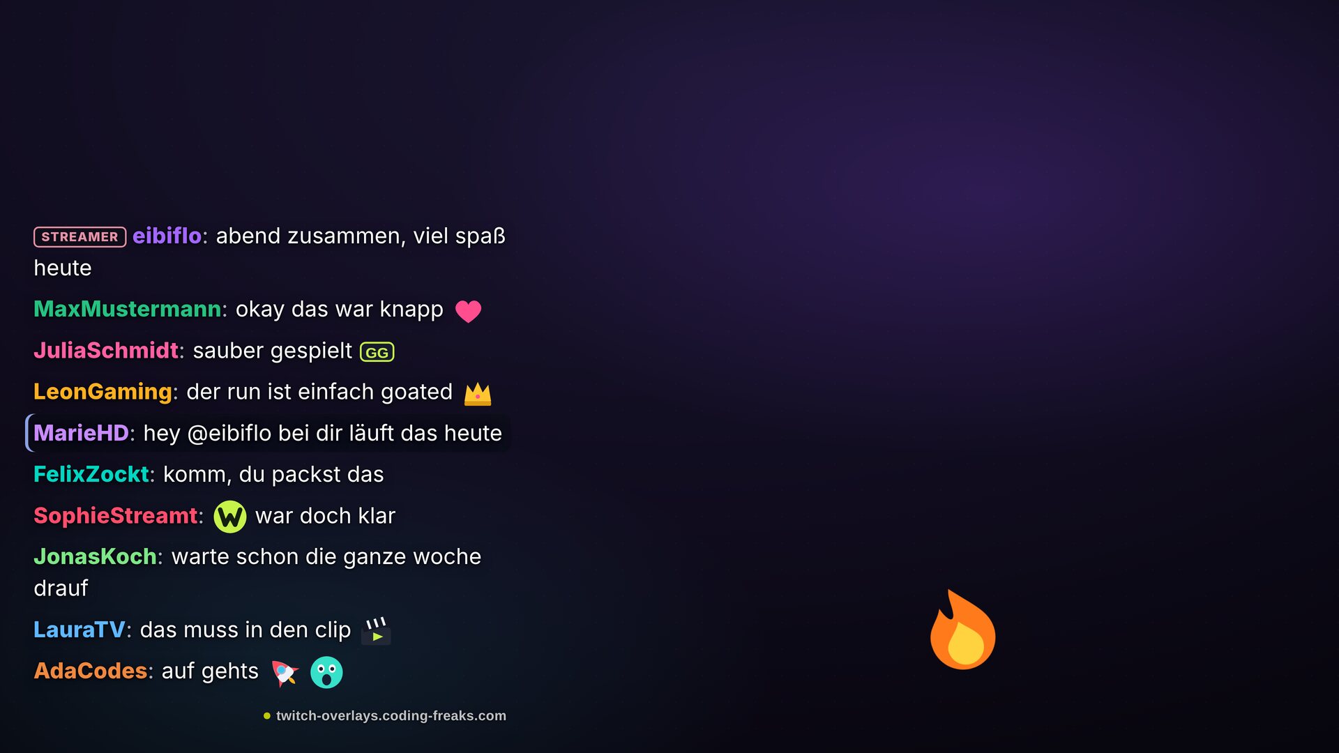 Chat-Box Twitch Overlay: schlichter Text-Chat, eibiflo mit STREAMER-Badge, bunte Namen, gelbe Smiley-Emotes fliegen. Chat-Box Twitch Overlay: schlichter Text-Chat, eibiflo mit STREAMER-Badge, bunte Namen, gelbe Smiley-Emotes fliegen.