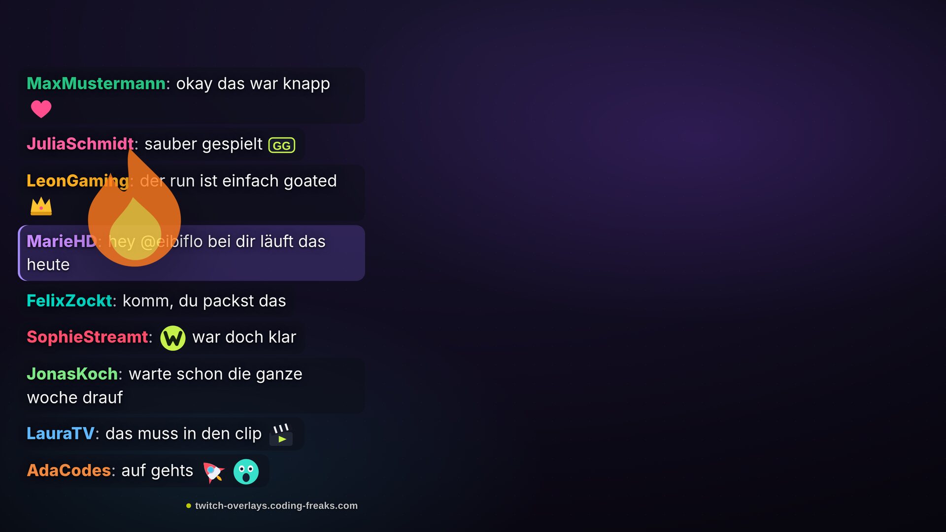 Chat-Box Twitch Overlay: Text-Chat mit großer Schrift, violett markierte Erwähnung von MarieHD, Smiley-Emotes.