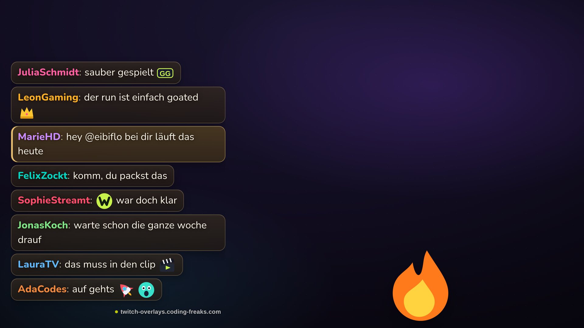 Chat-Box Twitch Overlay: Nachrichten in dunklen Sprechblasen, golden umrandete Erwähnung, Smileys fliegen auf.