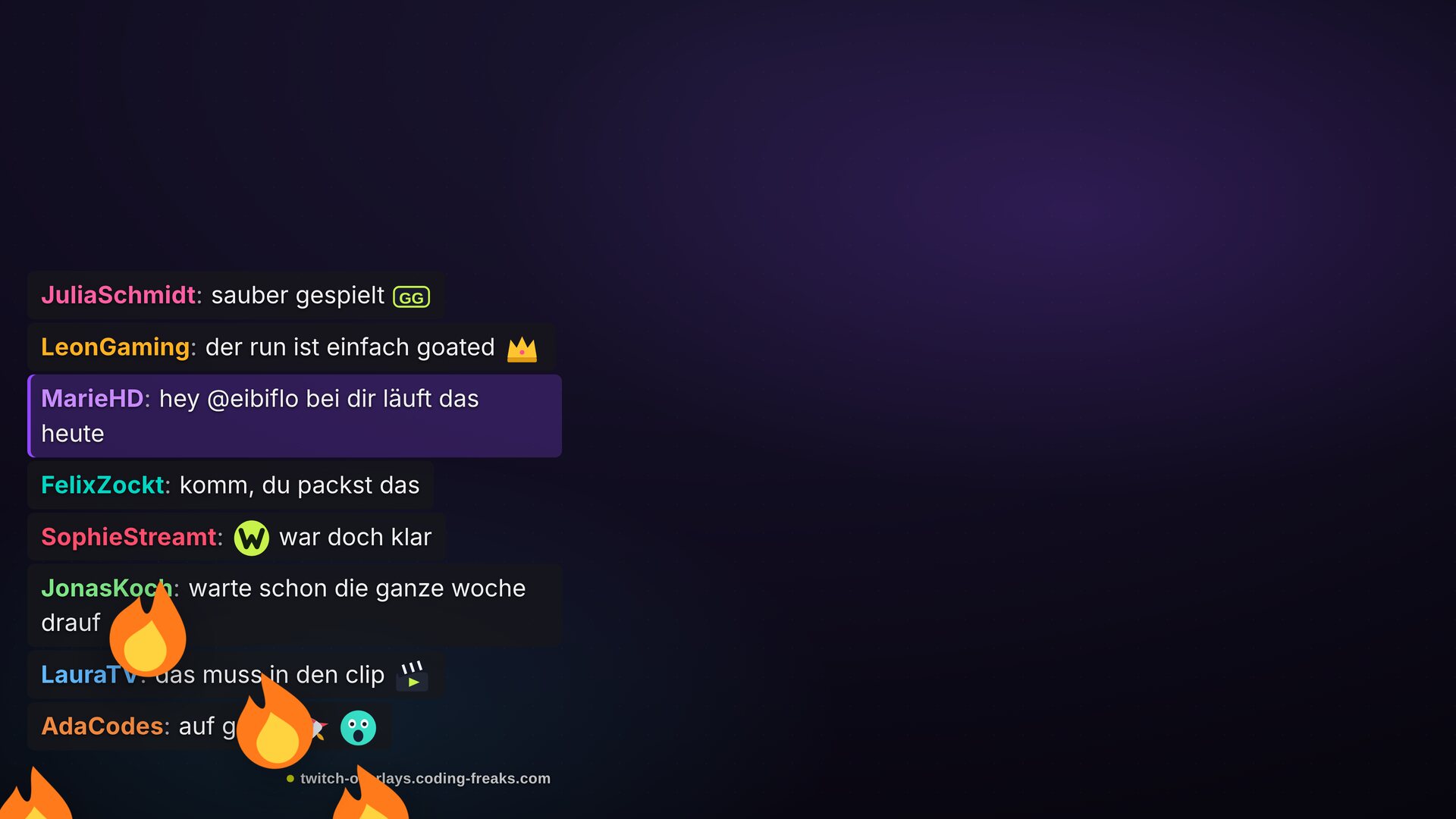 Chat-Box Twitch Overlay: dunkle Nachrichtenblasen, violette Erwähnung, ein Schwarm gelber Smiley-Emotes.