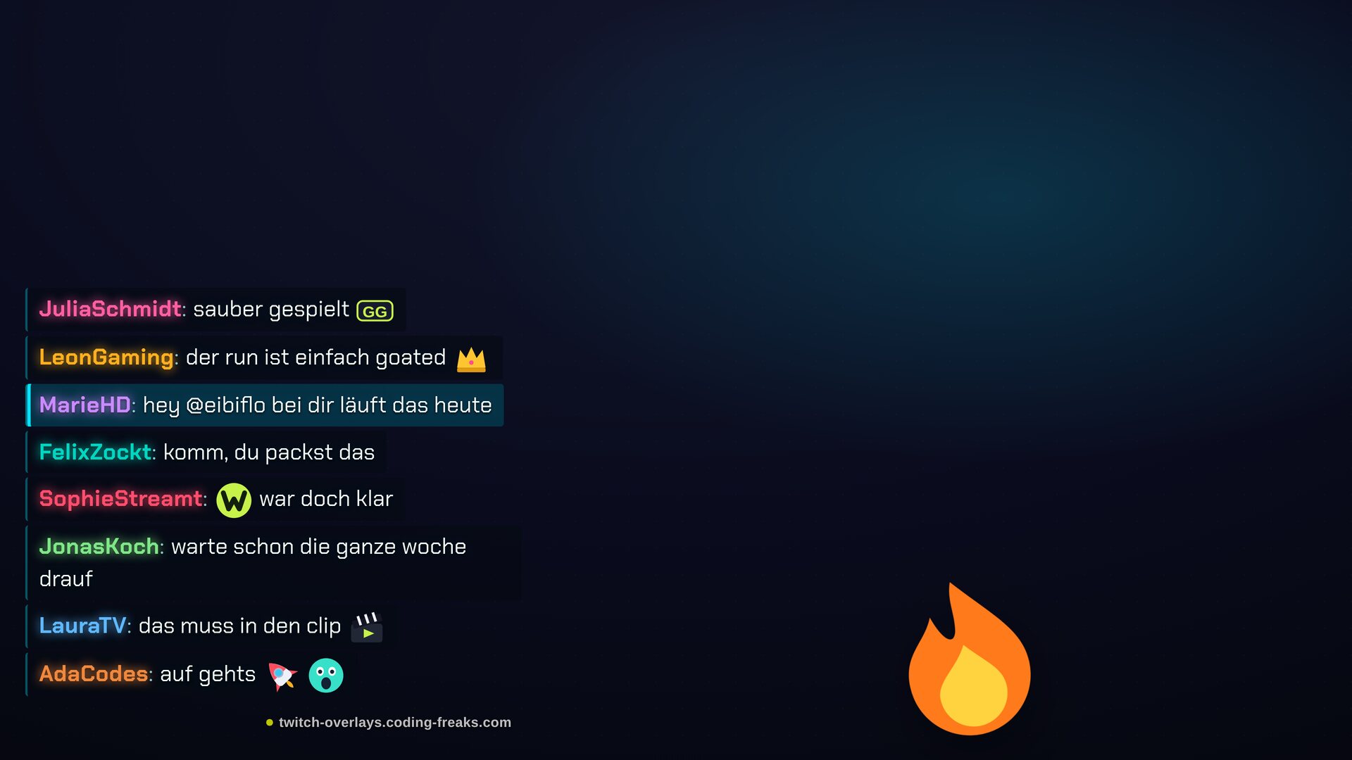 Chat-Box Twitch Overlay: dunkle Sprechblasen mit türkis markierter Erwähnung von MarieHD, Smileys fliegen.