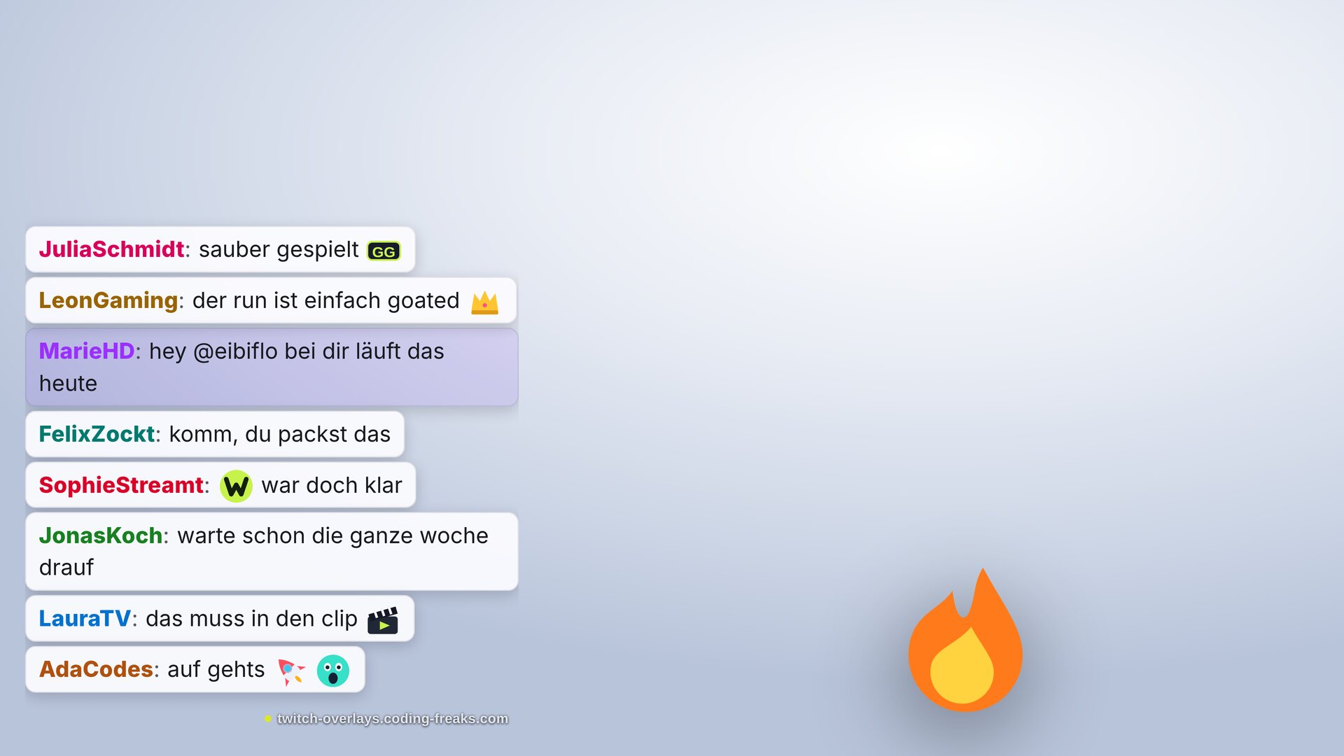 Das helle Theme der Chat-Box über einer hellen Spielszene, jede Nachricht liegt auf einer eigenen weißen Fläche