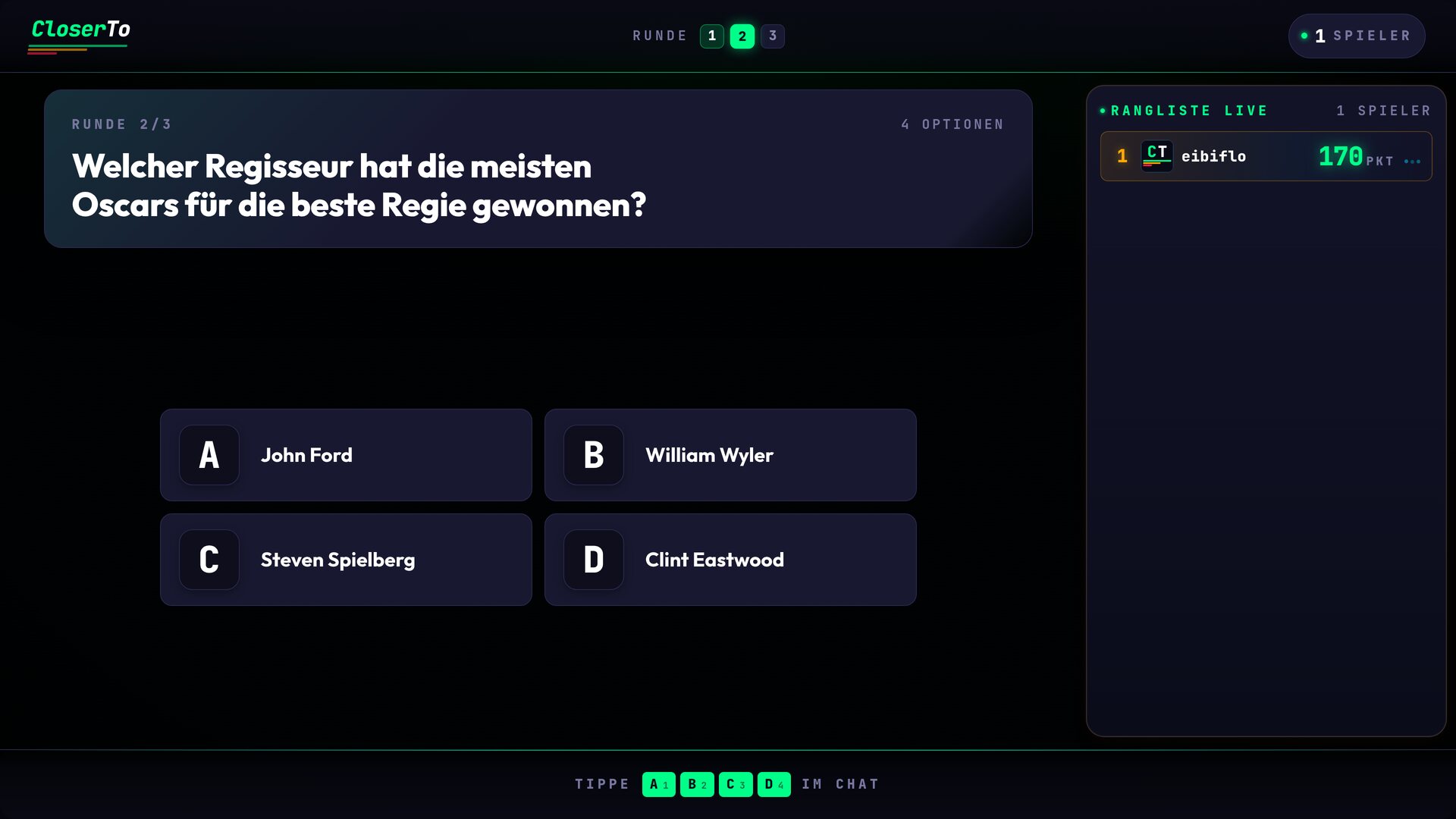 CloserTo Twitch Overlay: Quizfrage nach dem Oscar-Regisseur mit vier Optionen, Runde 2 von 3, eibiflo führt mit 170 Punkten.