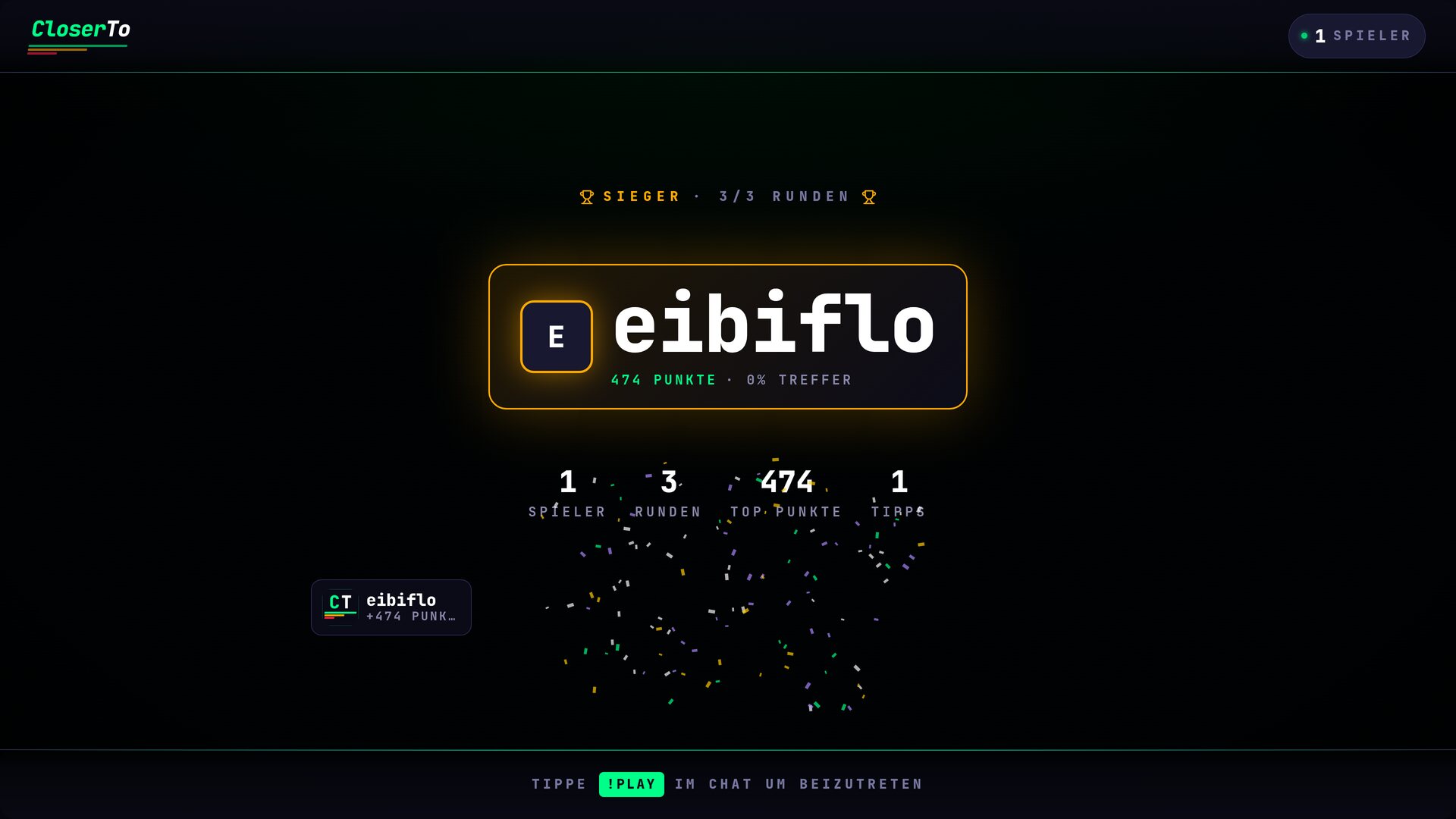 CloserTo Twitch Overlay: Siegerbildschirm mit Konfetti, eibiflo gewinnt nach 3 Runden mit 474 Punkten.