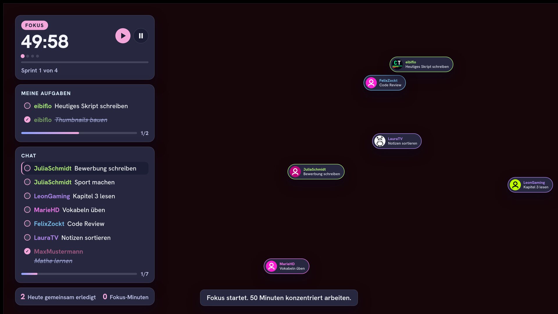Fokus-Raum Twitch Overlay: dunkles Theme, Timer 49:58, Sprint 1 von 4, Aufgabenliste und schwebende Chat-Blasen. Fokus-Raum Twitch Overlay: dunkles Theme, Timer 49:58, Sprint 1 von 4, Aufgabenliste und schwebende Chat-Blasen.