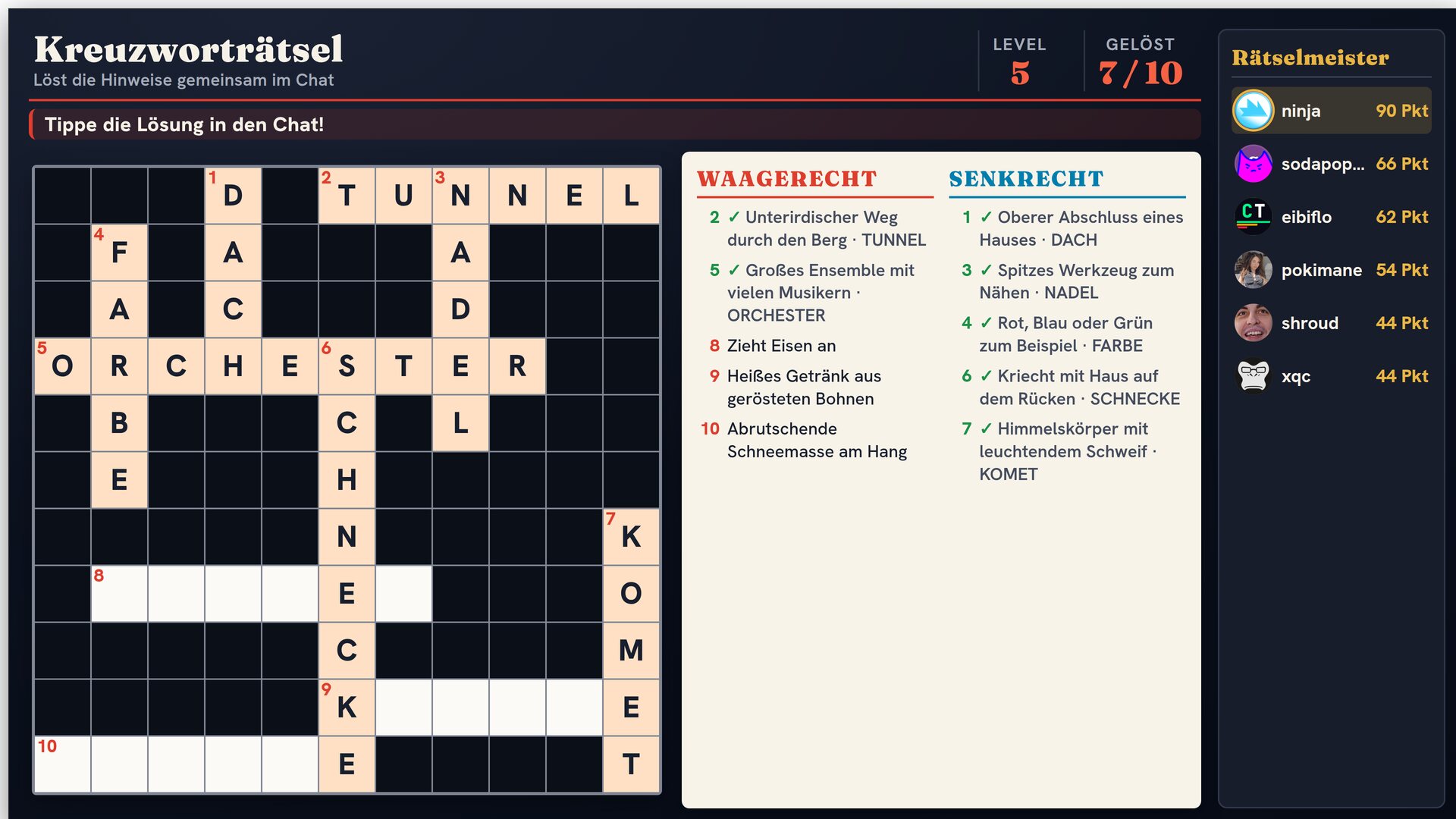 Kreuzworträtsel Twitch Overlay: Level 5, 7 von 10 gelöst, Wörter TUNNEL und ORCHESTER, ninja führt mit 90 Punkten.