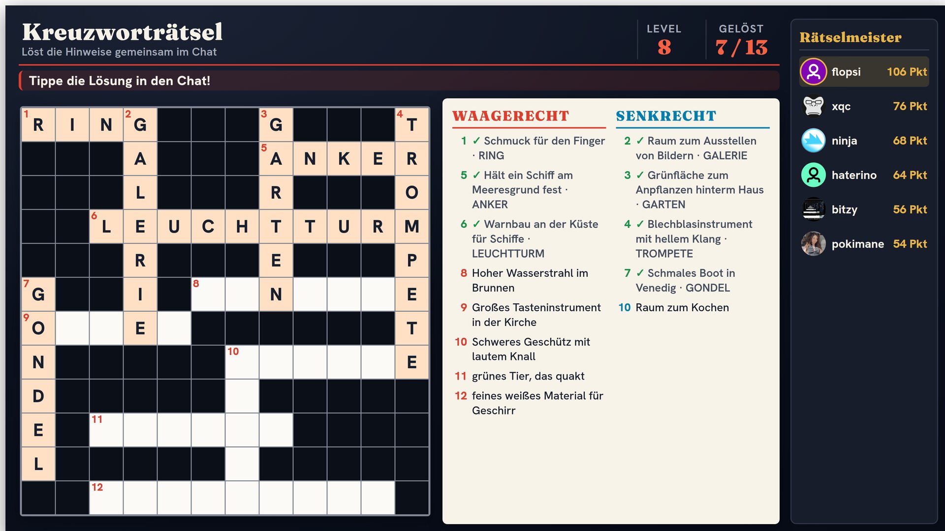 Kreuzworträtsel Twitch Overlay: Level 8, 7 von 13 gelöst, LEUCHTTURM und ANKER gefüllt, flopsi vorn mit 106 Punkten.