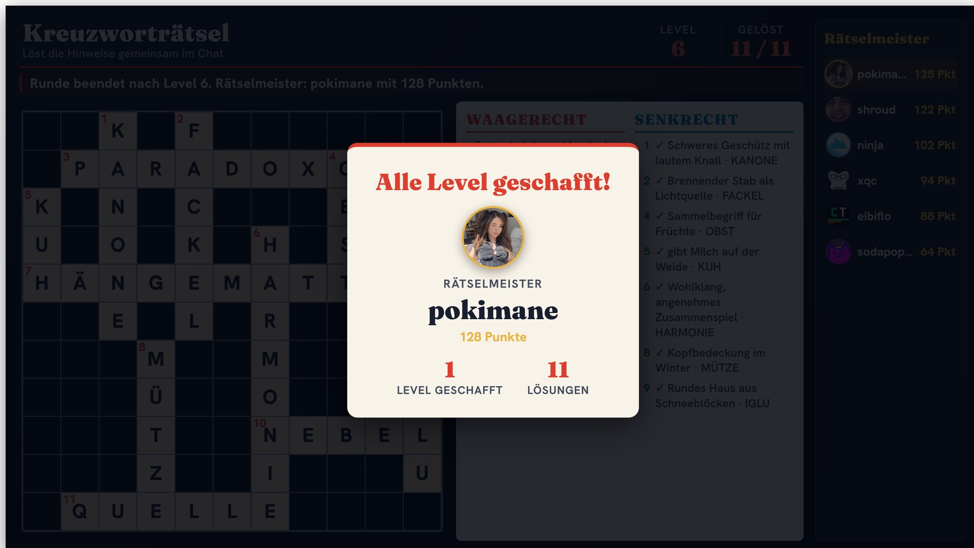 Kreuzworträtsel Twitch Overlay: Endkarte 'Alle Level geschafft', Rätselmeister pokimane mit 128 Punkten.
