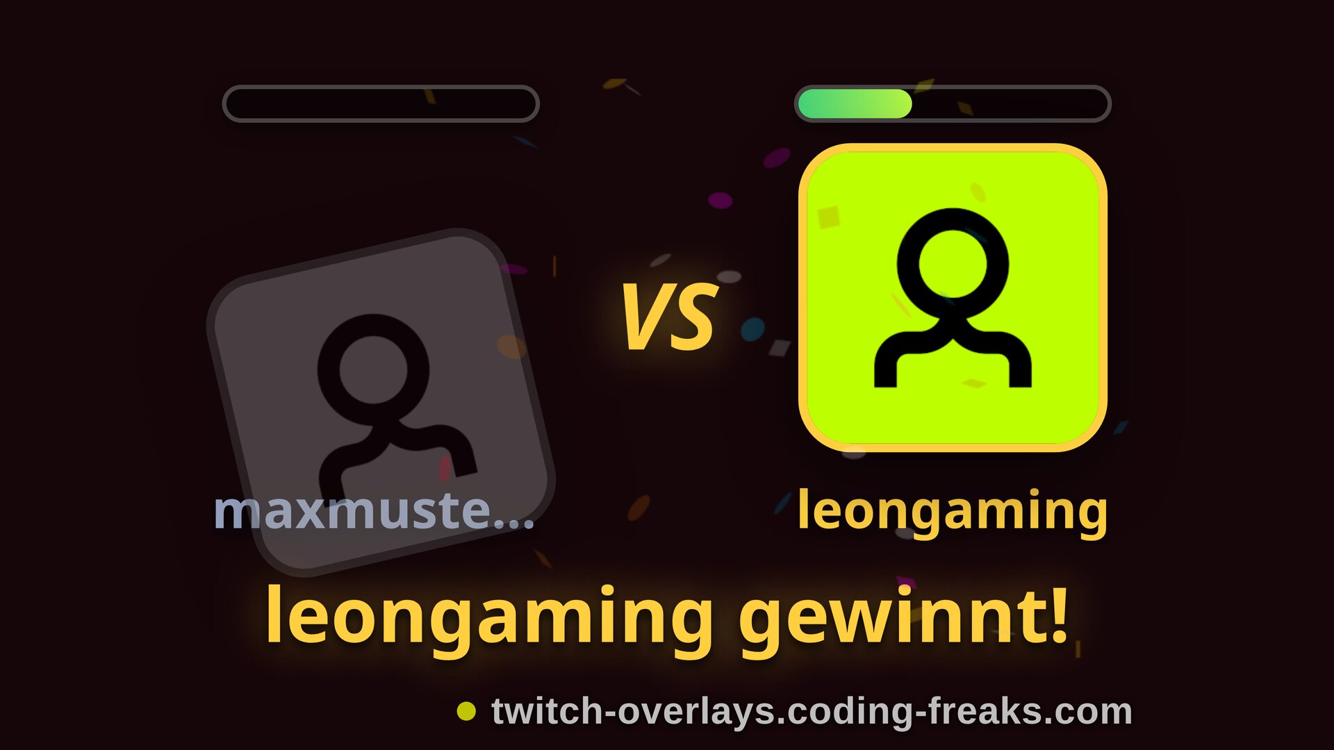Duel Twitch overlay: K.O. win screen, maxmustermann wins with a full health bar against leongaming. Duel Twitch overlay: K.O. win screen, maxmustermann wins with a full health bar against leongaming.
