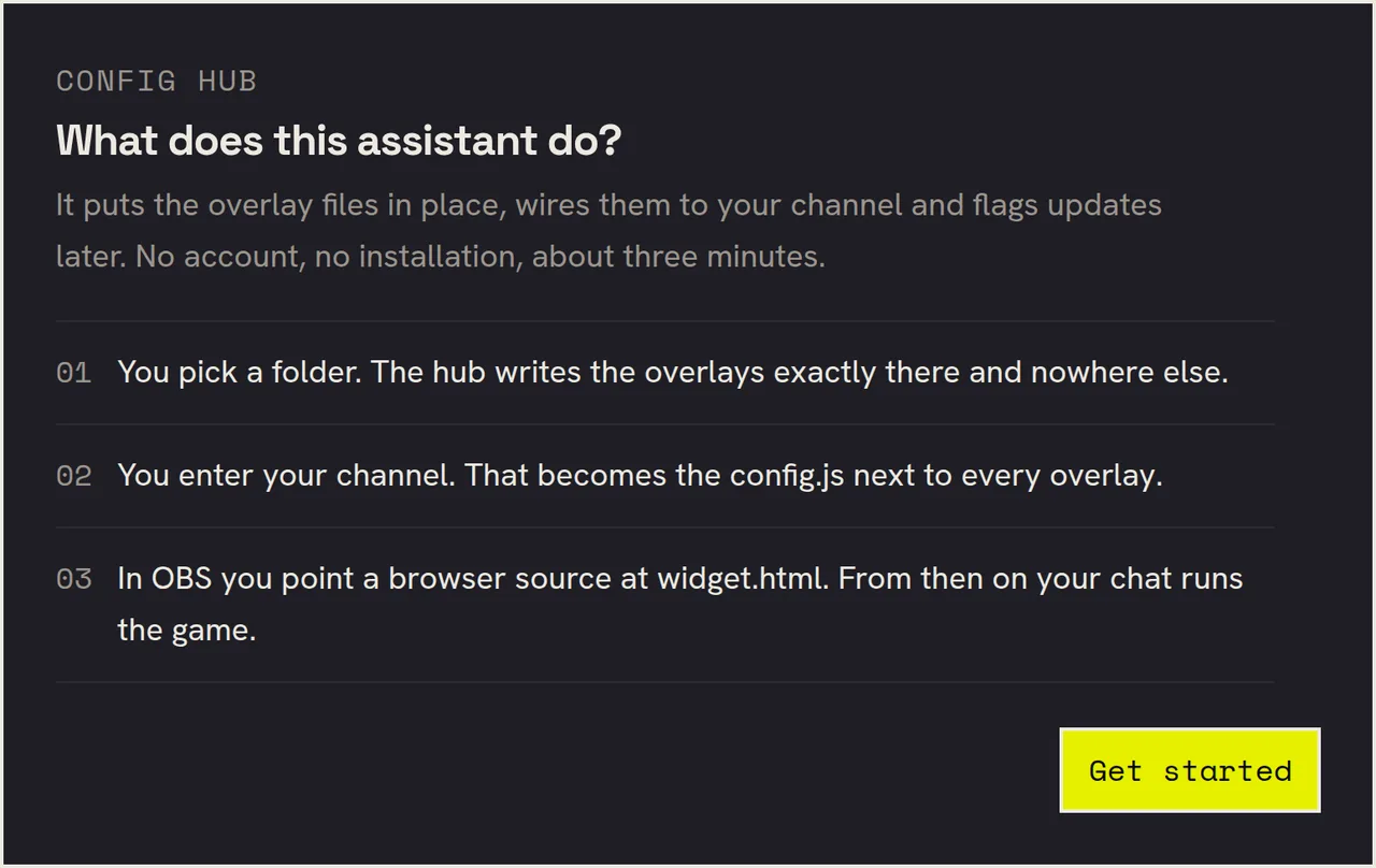 The Config Hub explains in three numbered lines what it does: pick a folder, enter your channel, point an OBS browser source at the widget.html