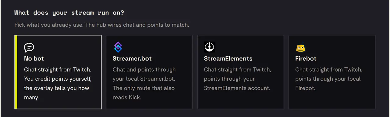 The question What does your stream run on? with four tiles to pick from: No bot, Streamer.bot, StreamElements and Firebot