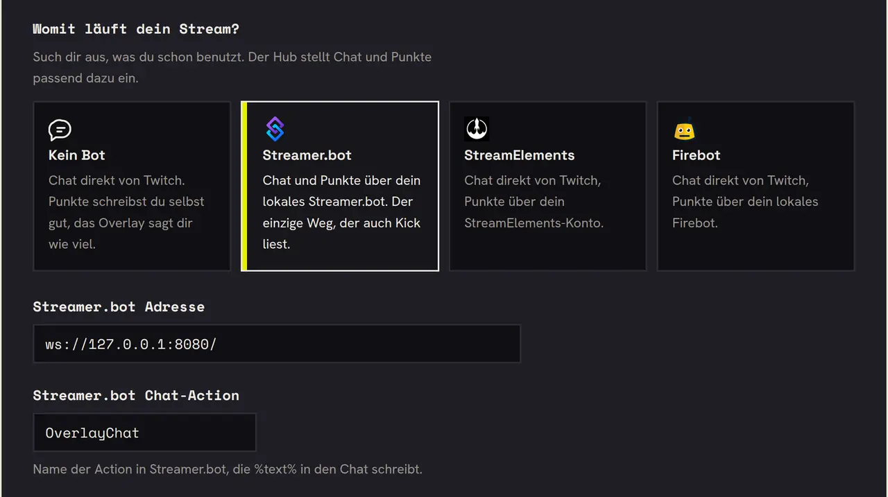 Das Verbindungs-Formular im Config Hub: die Kachel Streamer.bot ist gewählt, darunter die Felder Streamer.bot Adresse und Streamer.bot Chat-Action