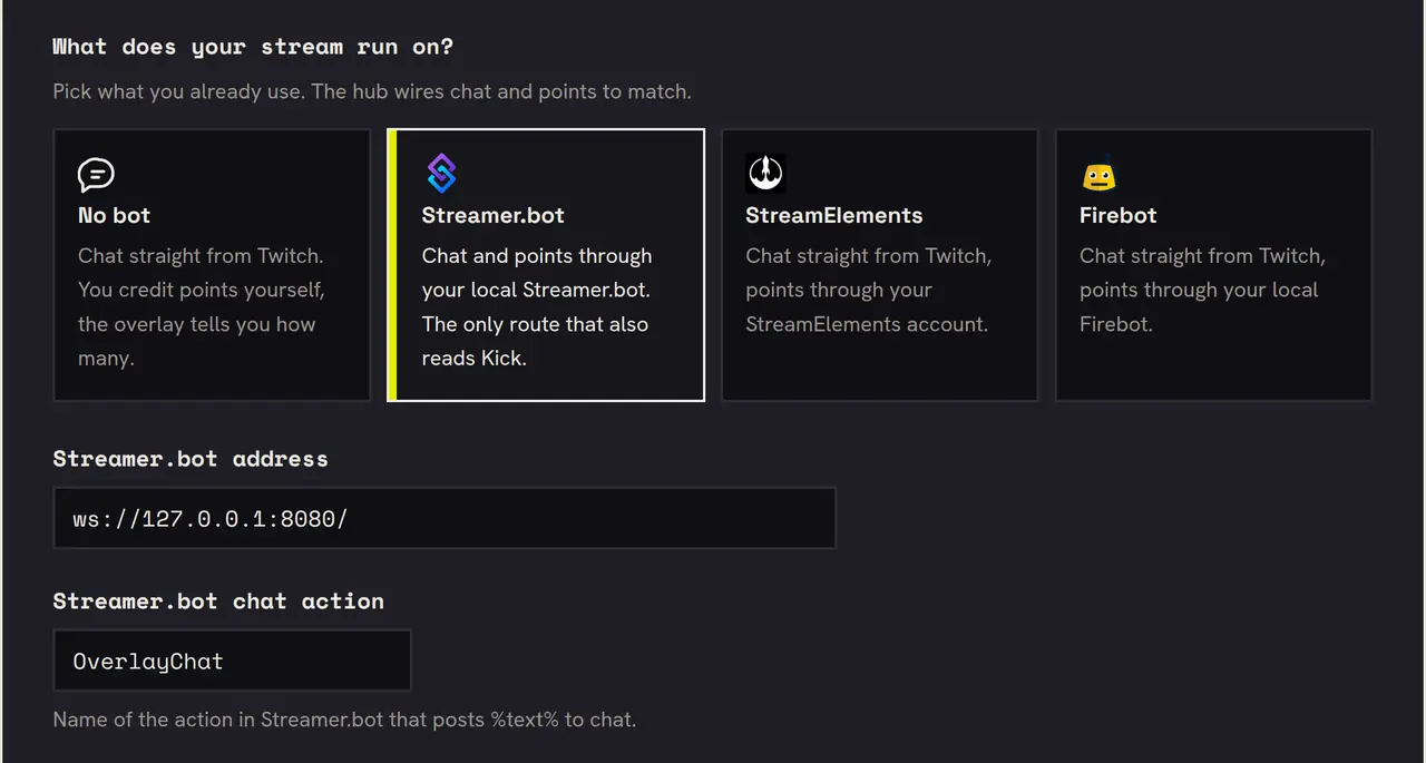 The connection form in the Config Hub: the Streamer.bot tile is selected, below it the fields Streamer.bot address and Streamer.bot chat action