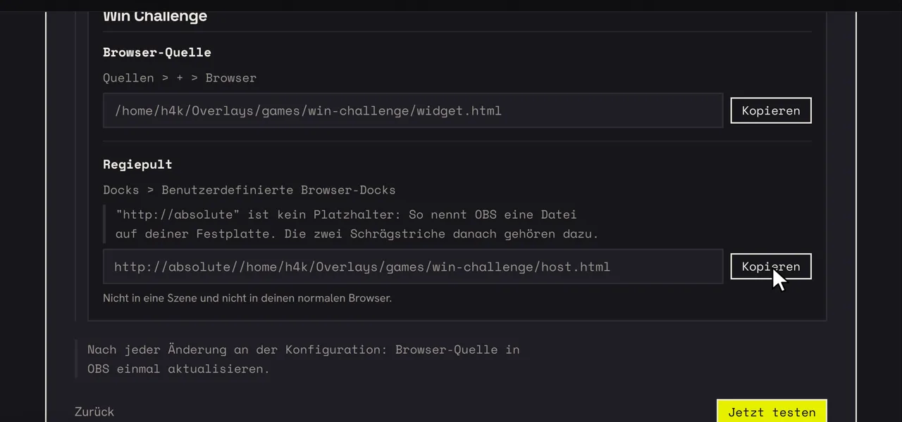 Der Config Hub zeigt zwei Adressen zum Kopieren: die widget.html für die Browser-Quelle und die host.html mit http://absolute davor für das Regiepult