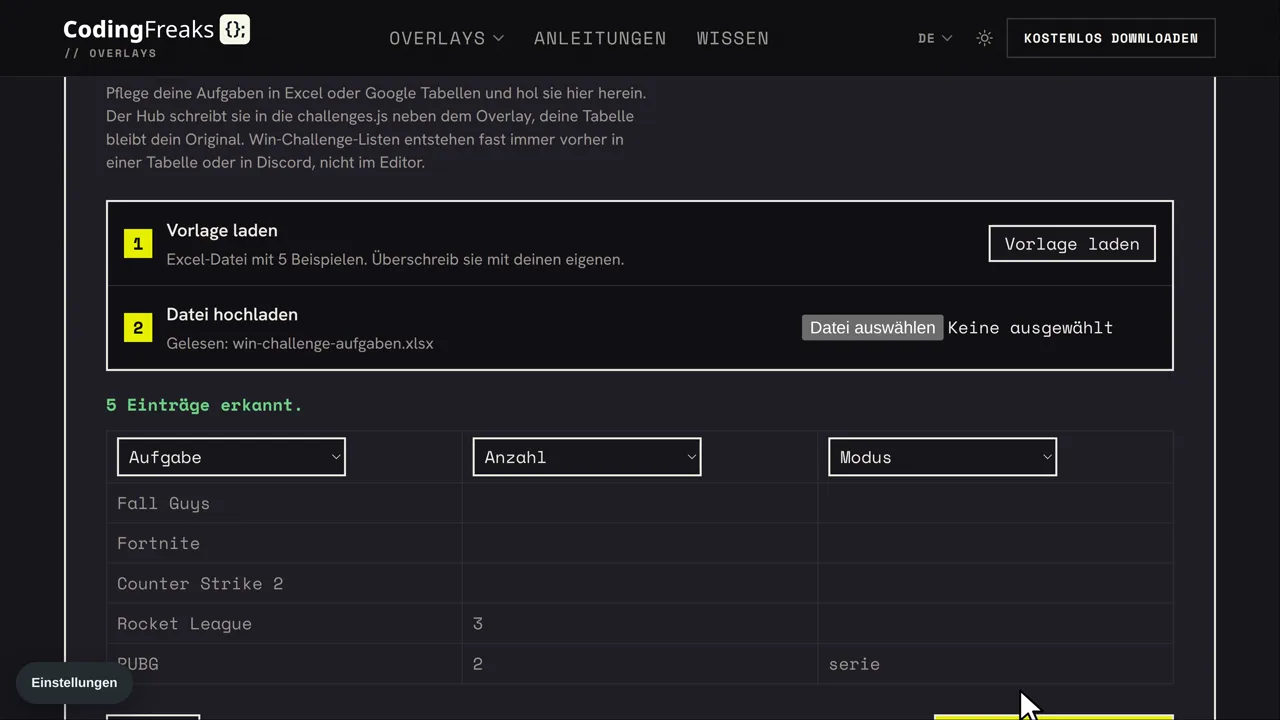 Der Config Hub beim Import der Aufgaben: Vorlage laden, Datei hochladen, darunter fünf erkannte Einträge von Fall Guys bis PUBG mit Anzahl und Modus
