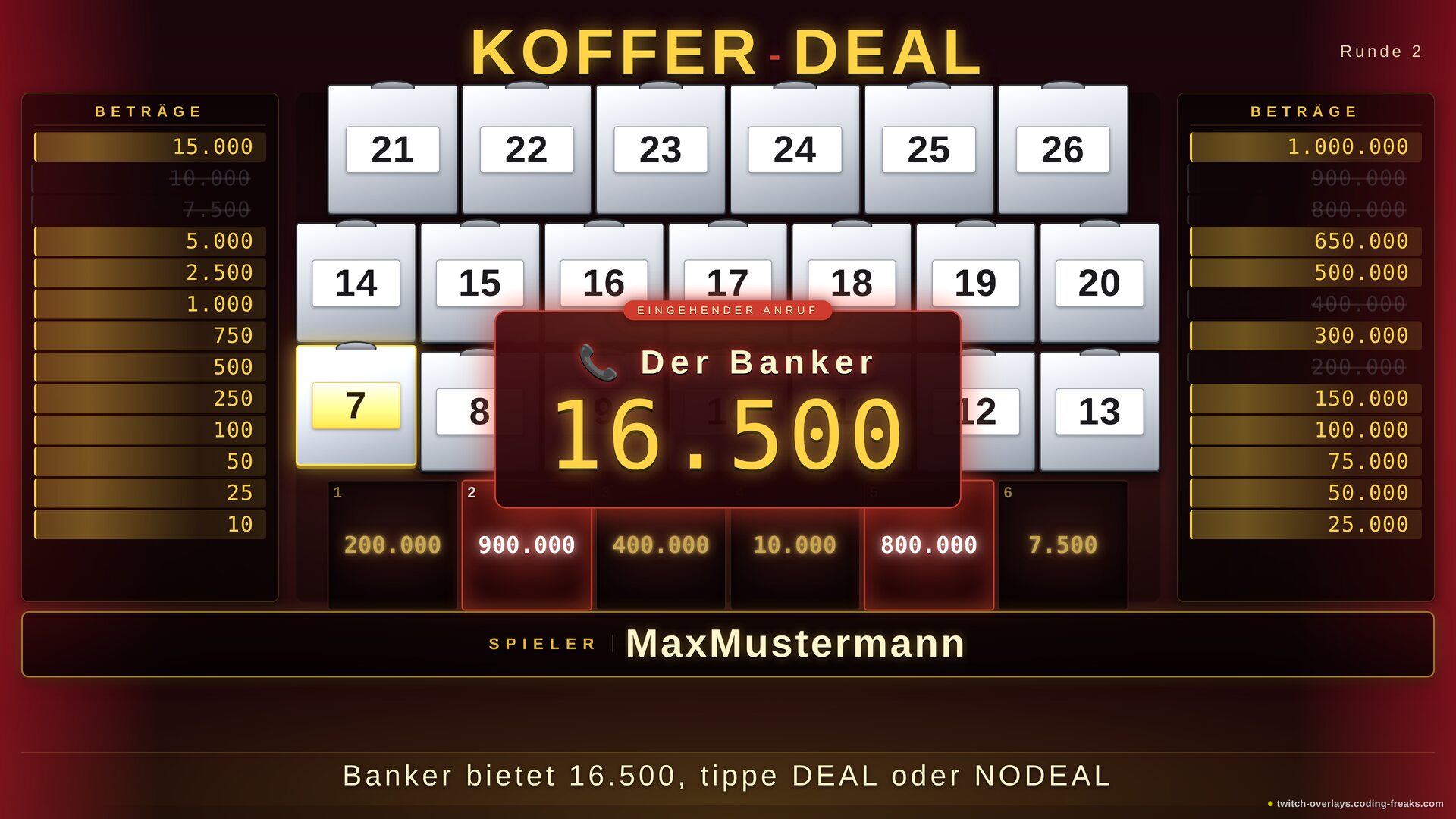 Briefcase Deal Twitch overlay: round 2 banker call offers 16,500, MaxMustermann to type Deal or No Deal. Briefcase Deal Twitch overlay: round 2 banker call offers 16,500, MaxMustermann to type Deal or No Deal.