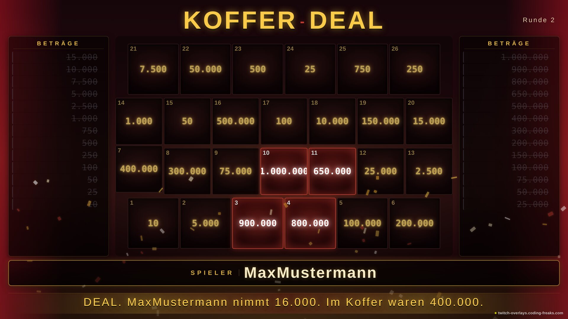 Koffer-Deal Twitch Overlay: Deal, MaxMustermann nimmt 16.000, im eigenen Koffer waren 400.000, Konfetti.