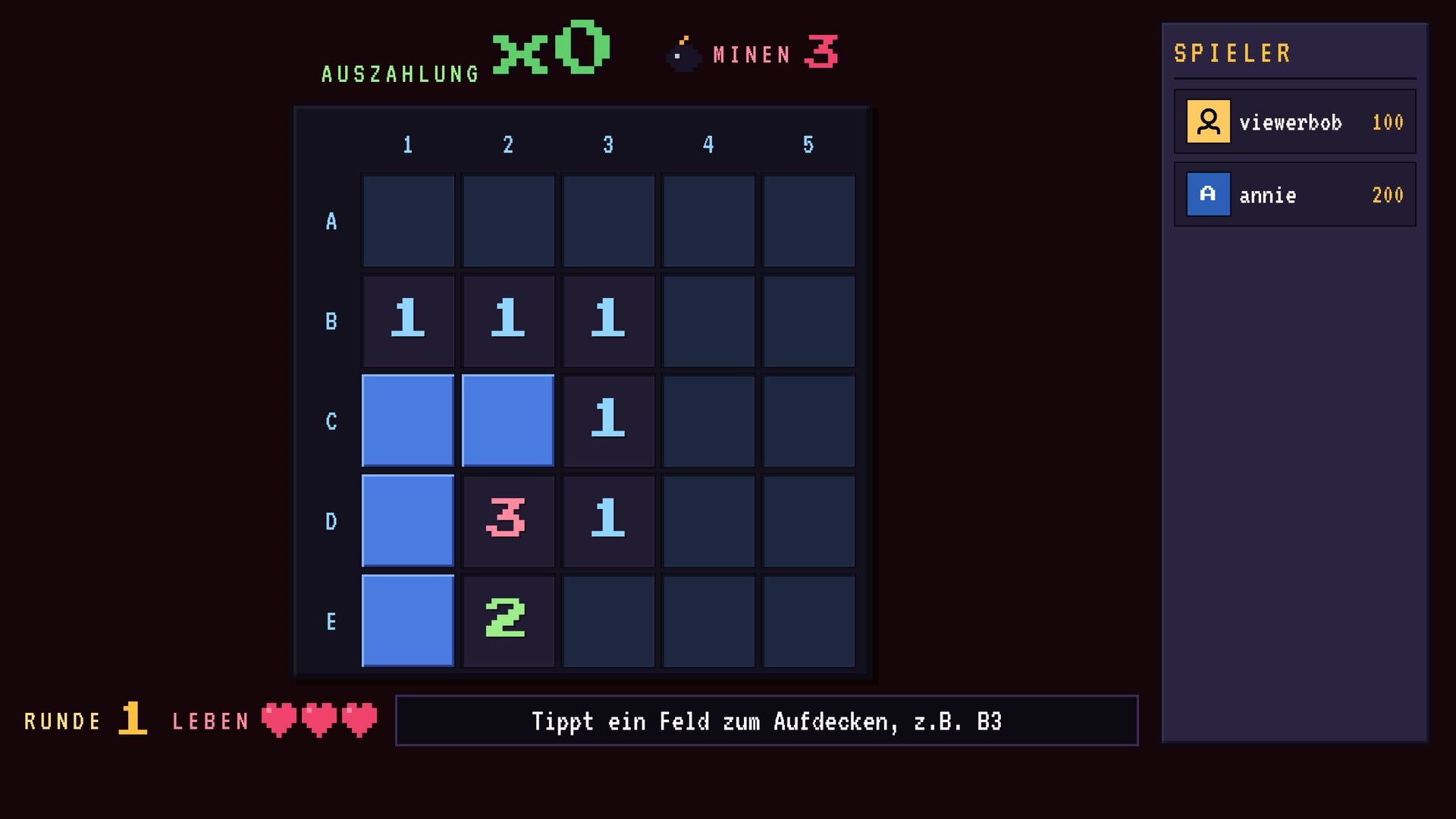 A minefield with grid coordinates, three lives, and two viewers with their stakes listed on the right