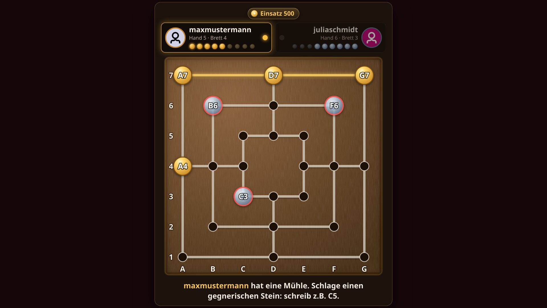 Nine Men's Morris Twitch overlay: wooden board, gold vs silver pieces, active mill A7 D7 G7, 500 point stake. Nine Men's Morris Twitch overlay: wooden board, gold vs silver pieces, active mill A7 D7 G7, 500 point stake.
