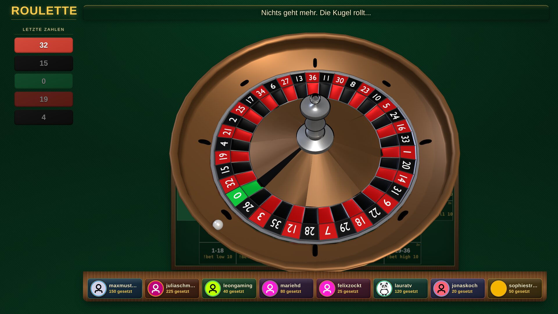 Roulette Twitch Overlay: 3D-Rad dreht sich, Kugel rollt, 8 Spieler mit Einsätzen, Meldung Nichts geht mehr. Roulette Twitch Overlay: 3D-Rad dreht sich, Kugel rollt, 8 Spieler mit Einsätzen, Meldung Nichts geht mehr.