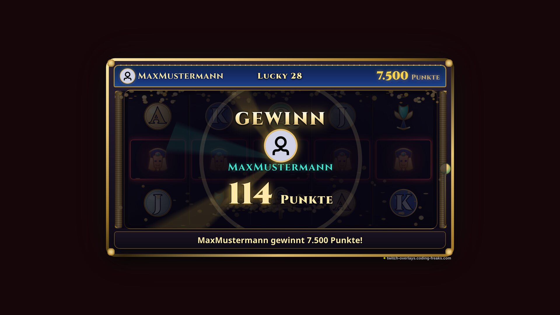 Slot Twitch overlay: super mega win for MaxMustermann, five Cleopatra symbols pay out 7,500 points. Slot Twitch overlay: super mega win for MaxMustermann, five Cleopatra symbols pay out 7,500 points.