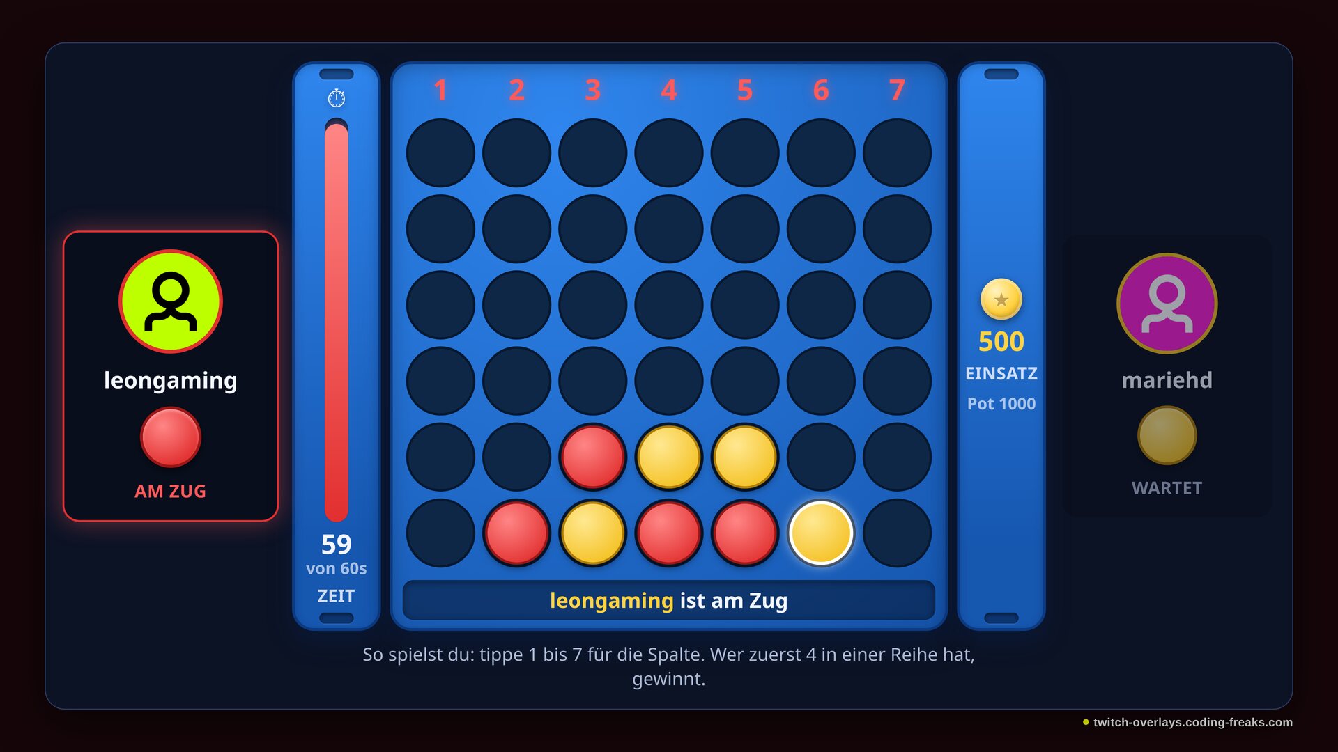 Vier in einer Reihe Twitch Overlay: Spielbrett mit roten und gelben Chips, Zugtimer bei 59 von 60 Sekunden, Pot 1000 Punkte. Vier in einer Reihe Twitch Overlay: Spielbrett mit roten und gelben Chips, Zugtimer bei 59 von 60 Sekunden, Pot 1000 Punkte.