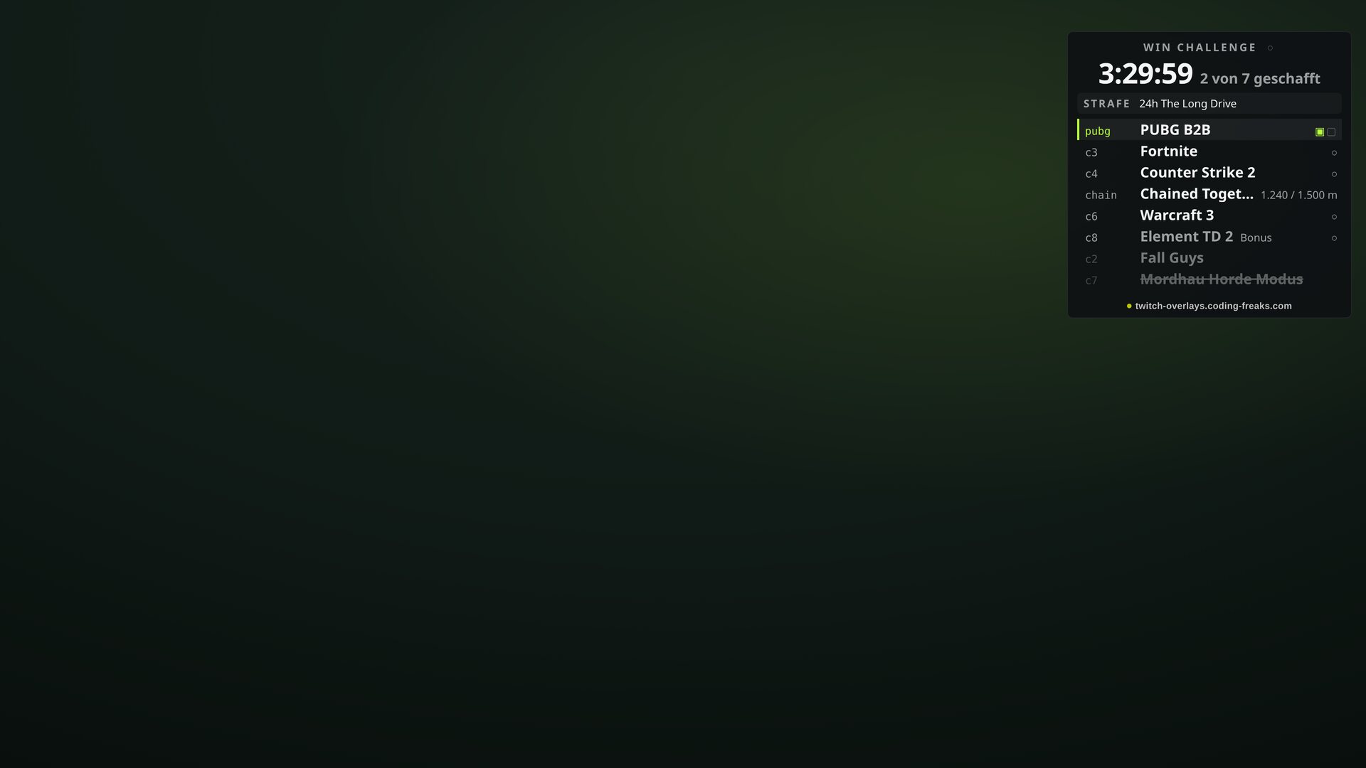 Win Challenge Overlay im Kompaktmodus: dasselbe Brett auf halber Fläche, für enge Szenen neben dem Spiel.