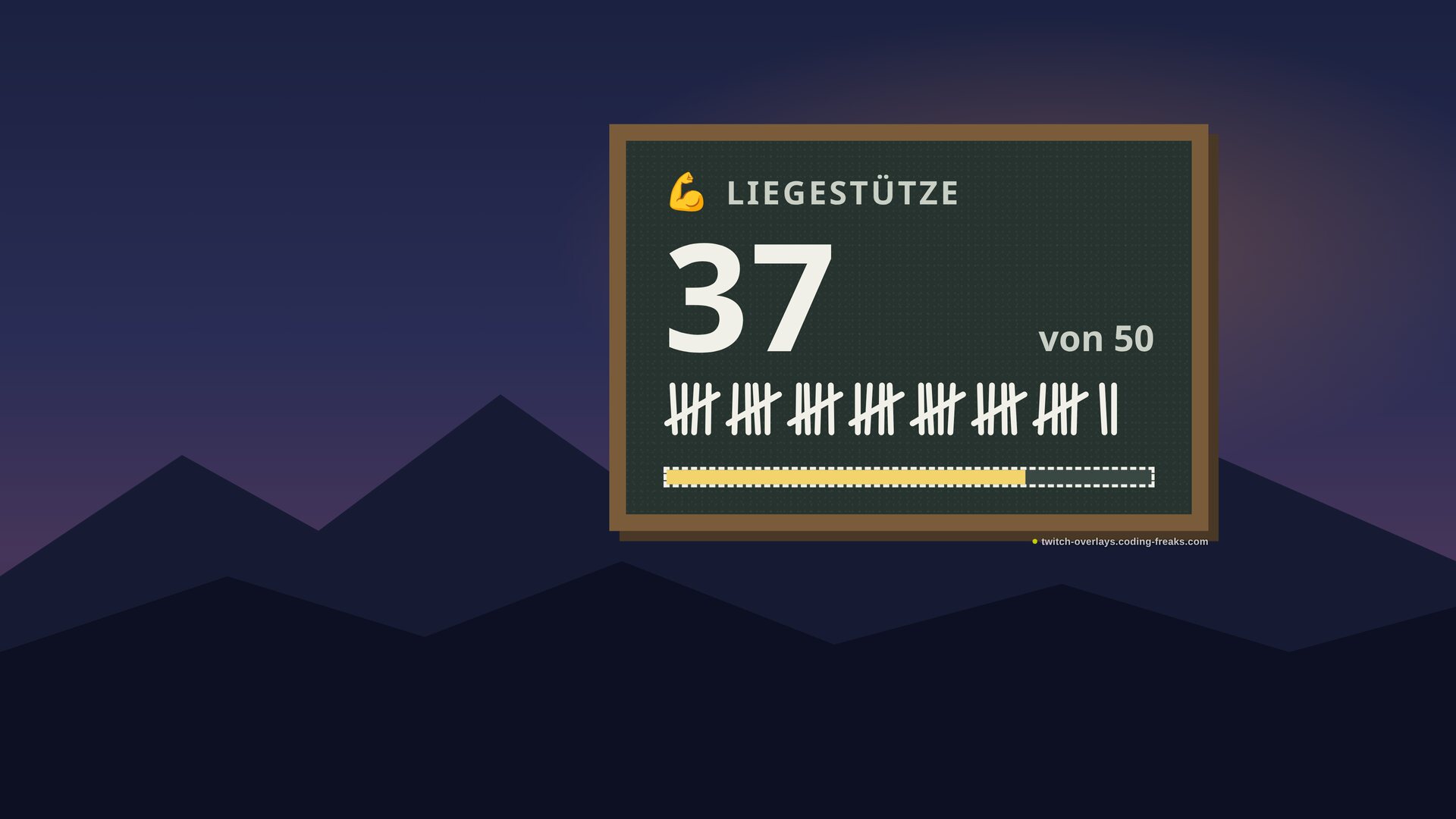 Push-up counter in the chalk look: Liegestütze, 37 of 50, with tally marks and a progress bar below
