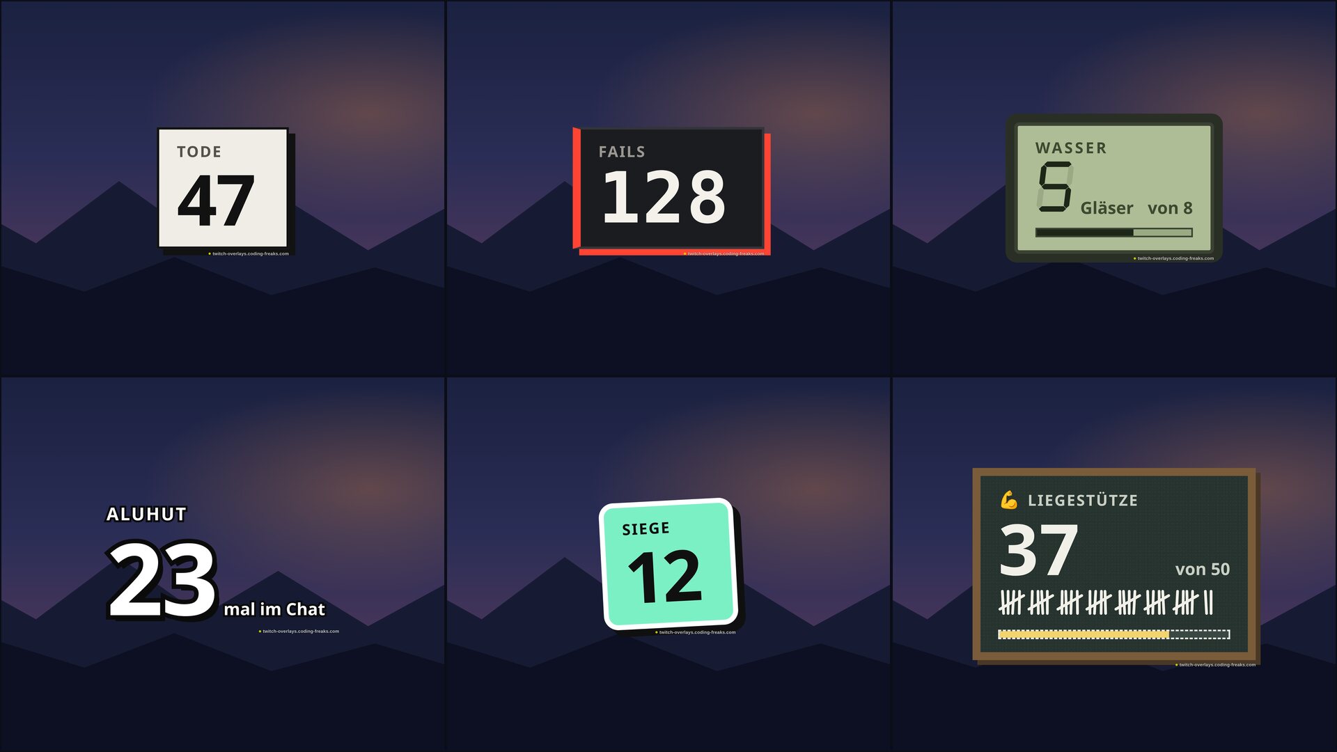 Six looks side by side: deaths 47 as a card, fails 128 as a scoreboard, water 5 as an LCD, a word count of 23 as bare digits, wins 12 as a sticker and push-ups 37 in chalk