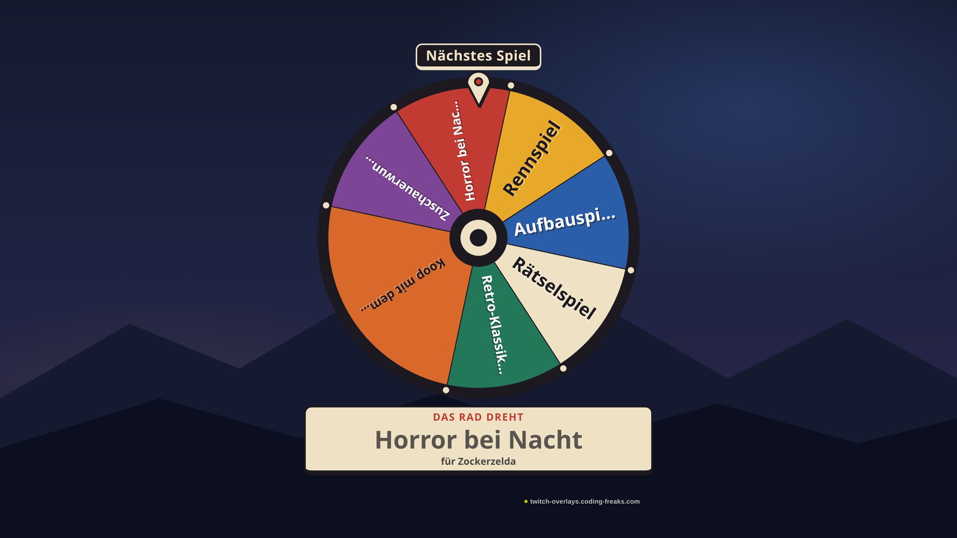 Prize wheel in OBS: the Nächstes Spiel wheel is spinning, Horror bei Nacht is under the pointer, and the band below says the wheel is spinning for Zockerzelda. Prize wheel in OBS: the Nächstes Spiel wheel is spinning, Horror bei Nacht is under the pointer, and the band below says the wheel is spinning for Zockerzelda.