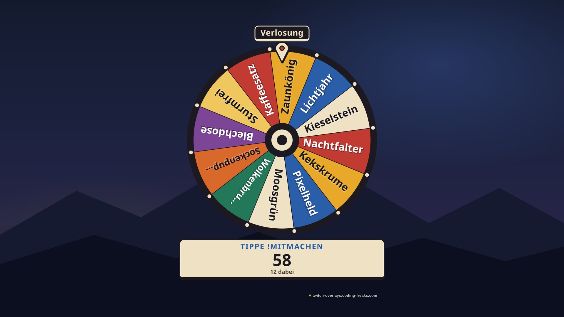 Prize wheel in OBS during an open giveaway: twelve viewers sit on the wheel as entries, with Tippe !mitmachen, 58 seconds and 12 entered below.